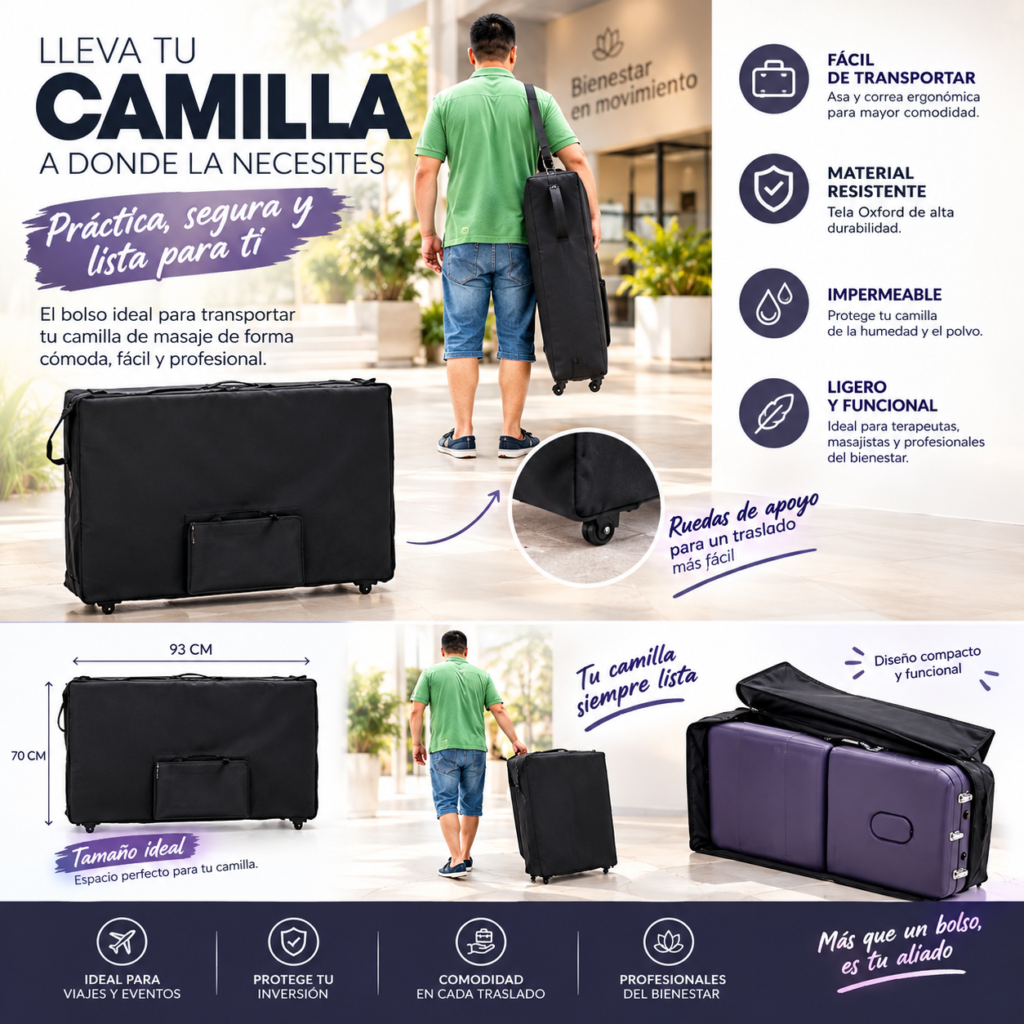 Medidas de la bolsa con ruedas para camilla de masaje: 93 x 70 cm, tela Oxford impermeable, ruedas integradas