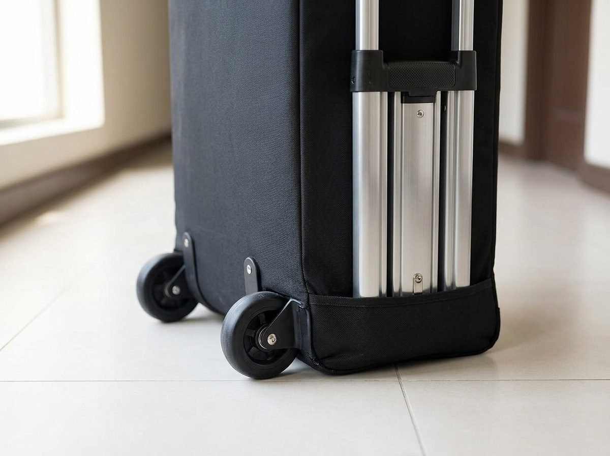 Detalle de las ruedas y el asa telescópica de aluminio de la bolsa para camilla de masaje